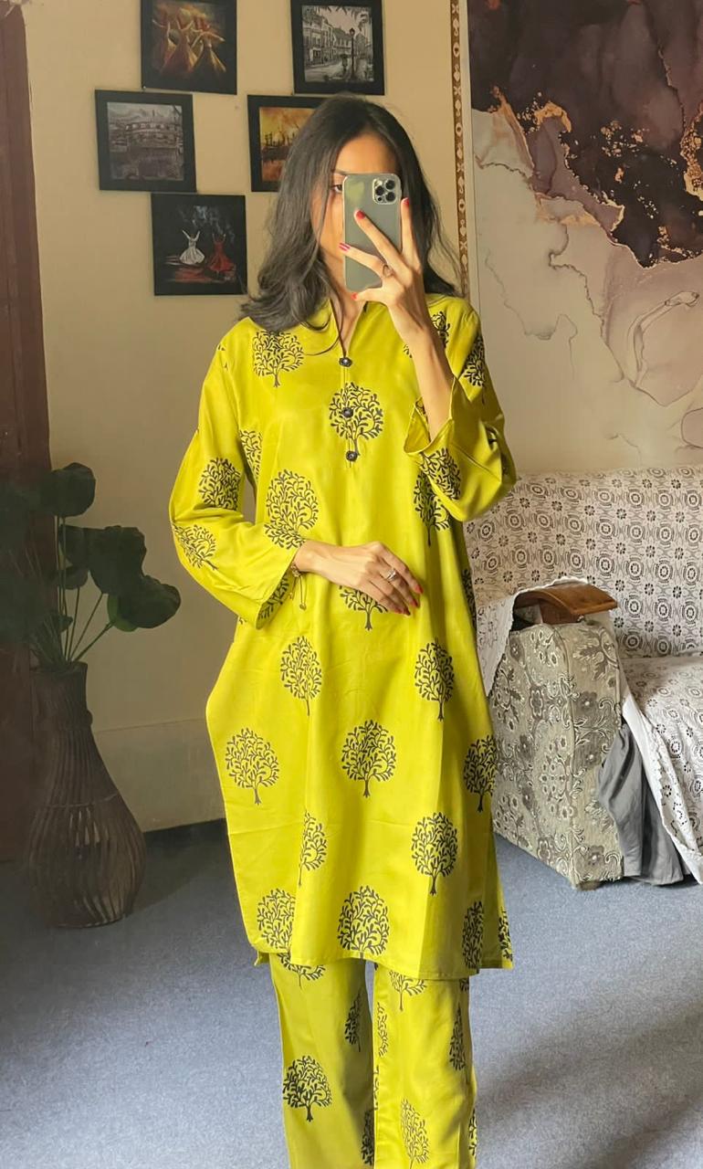 Tree Design Block Print 2Pcs Women’s Stitched Arabic Lawn