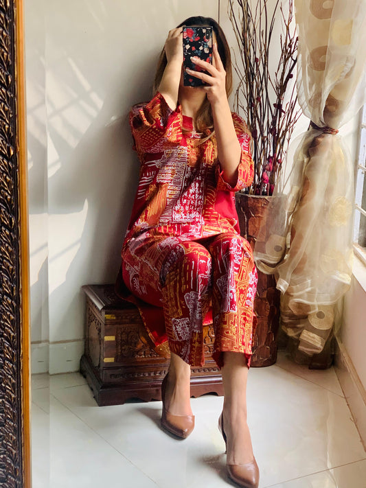 Mountain Design 2Pcs Stitched Arabic Lawn-Mehroon