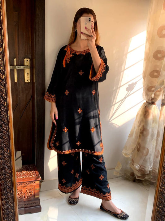Black with Orange Embroidery Balochi 2Pc Suit