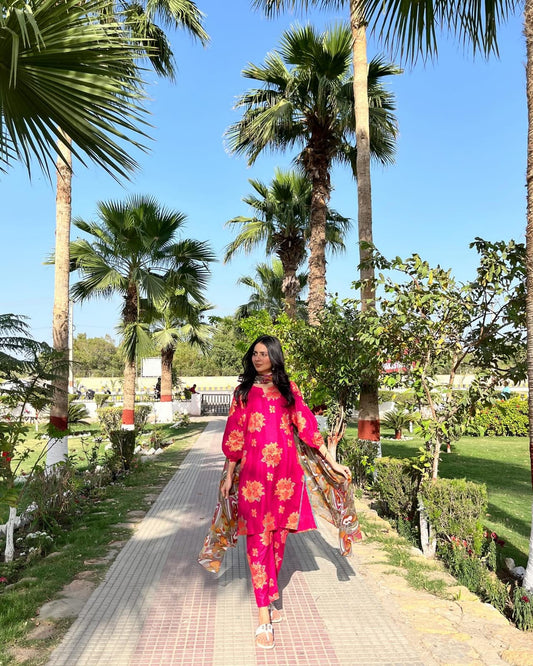 Rose 3D Block Print 2Pcs-Pink