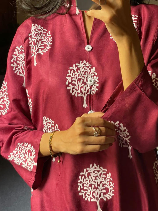 Tree Design Block Print 2Pcs Women’s Stitched Arabic Lawn