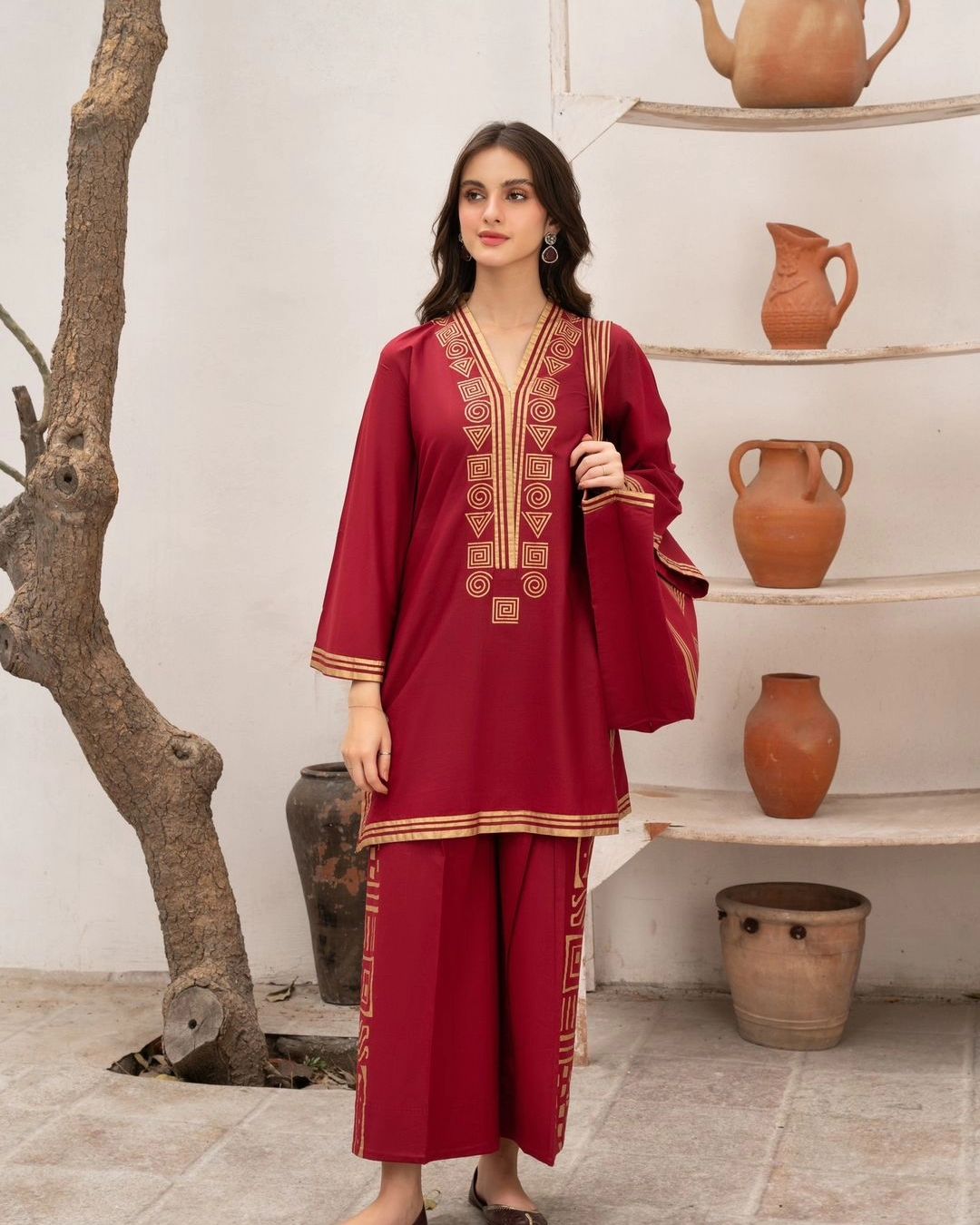 Maroon Pyramid Design 2Pc Stitched