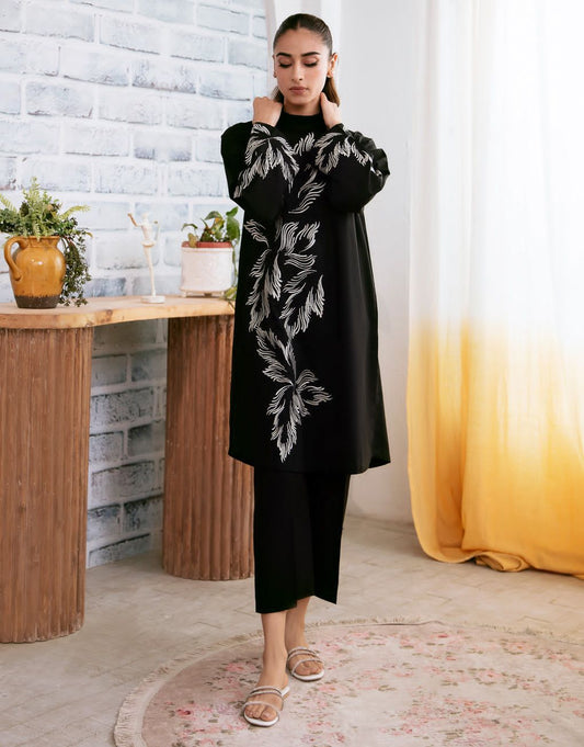Jazmeen Print Stitched 2Pc Linen Suit – Black