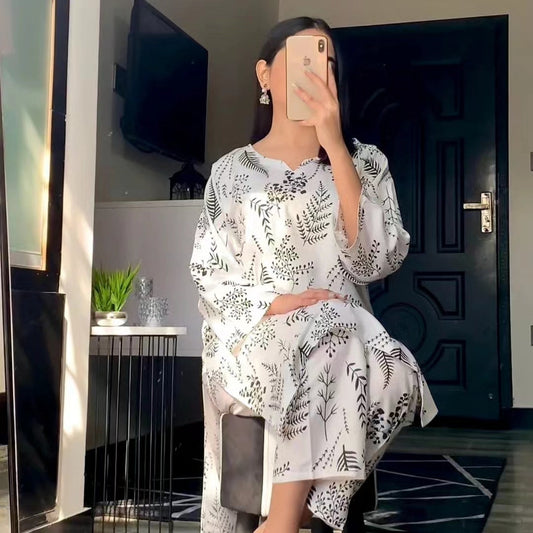 White Petal Design Lilen 2Pc Block Print Stitched