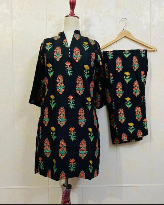 Black 3D Flower Print Arabic Lawn Stitched