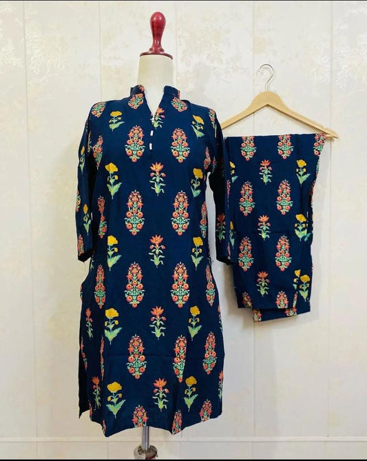 Blue 3D Flower Print Arabic Lawn Stitched