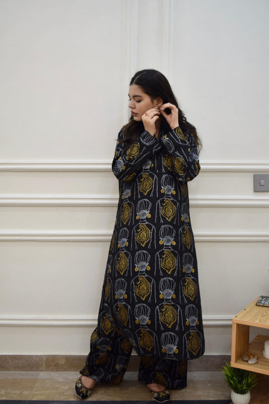 Black Elahi Long 2Pc Stitched Arabic Lawn