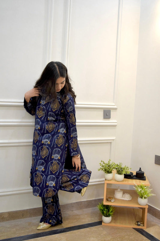 Navy Elahi Long 2Pcs Stitched Arabic Lawn