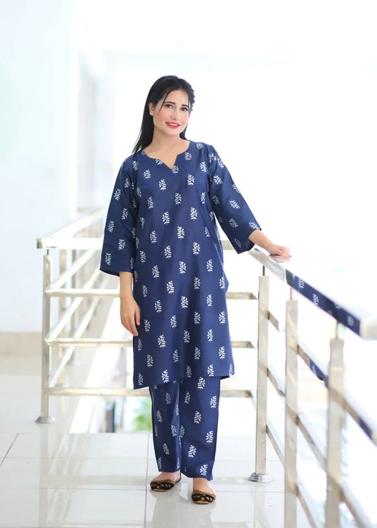 Navy Blue Block Print 2Pc Stitched Arabic Lawn