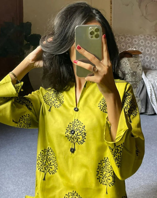 Tree Design 2Pcs Yellow Arabic Lawn Suit