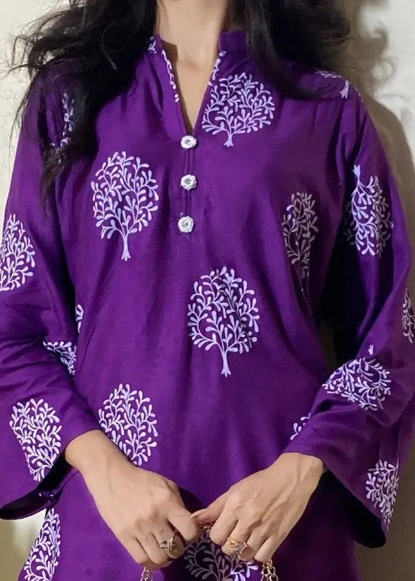 Tree Design Block Print 2Pcs Women’s Stitched Arabic Lawn
