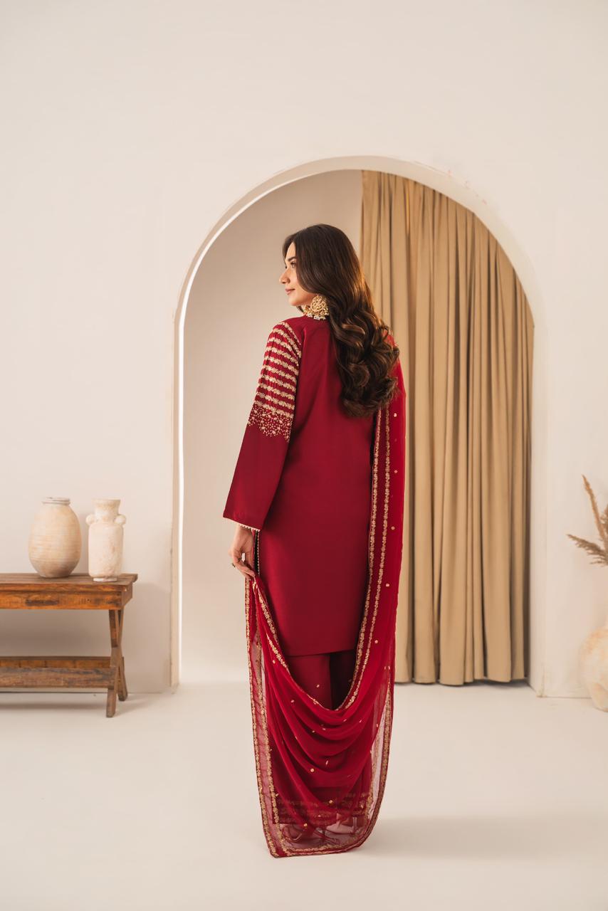 MAROON PEACOCK EMBROIDERED 3PC