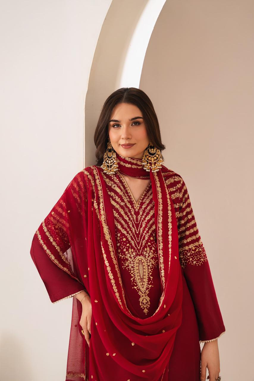 MAROON PEACOCK EMBROIDERED 3PC