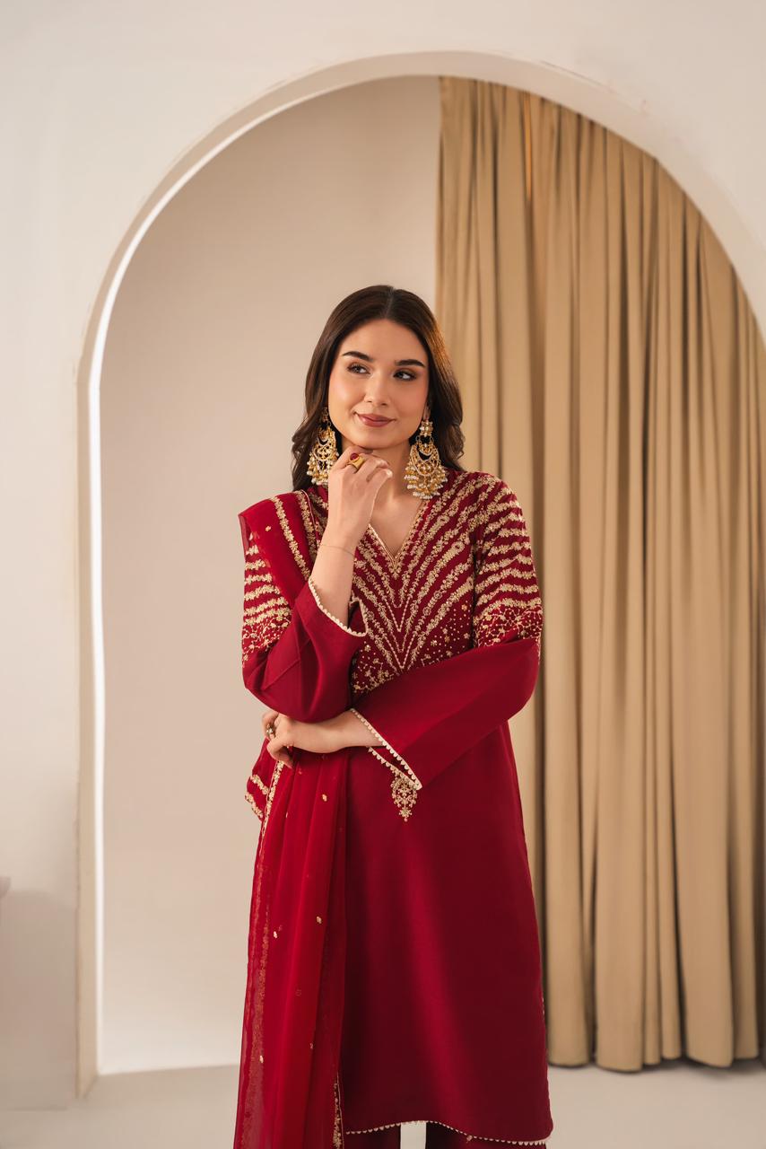 MAROON PEACOCK EMBROIDERED 3PC