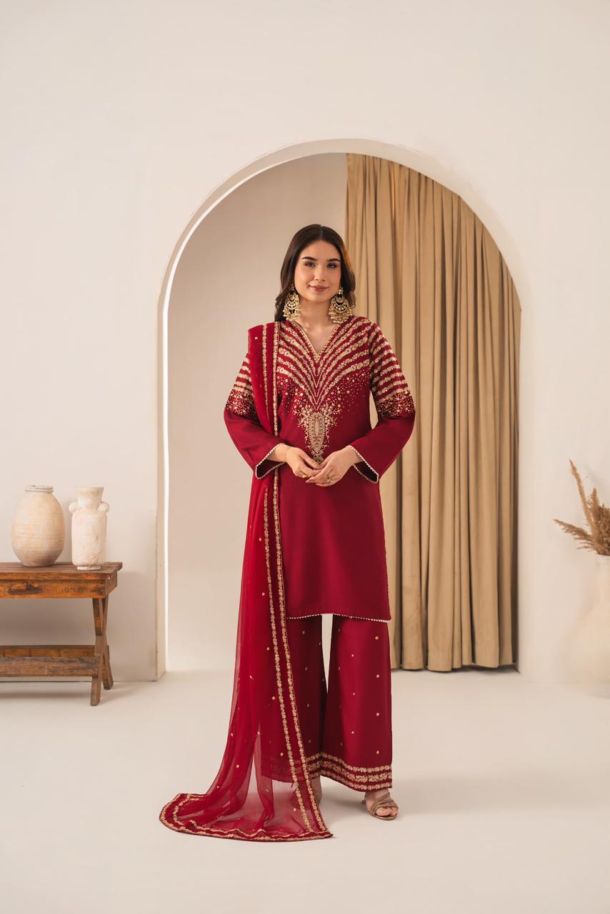 MAROON PEACOCK EMBROIDERED 3PC
