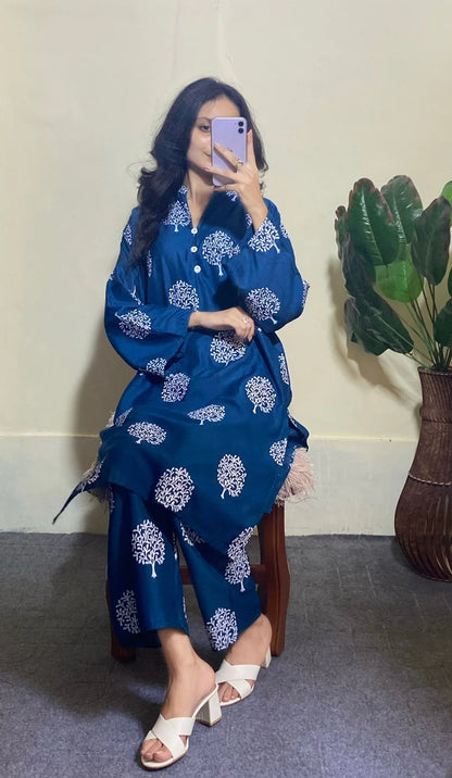 Tree Design Block Print 2Pcs Women’s Stitched Arabic Lawn