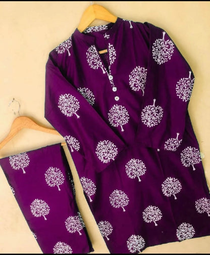 Tree Design Block Print 2Pcs Women’s Stitched Arabic Lawn