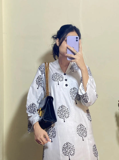 Tree Design Block Print 2Pcs Women’s Stitched Arabic Lawn