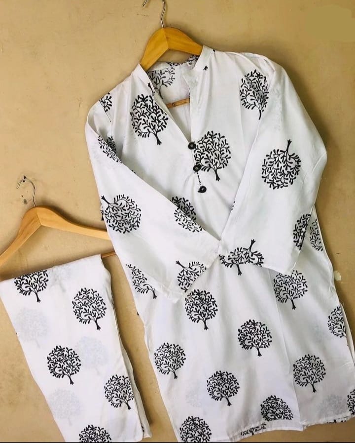Tree Design Block Print 2Pcs Women’s Stitched Arabic Lawn