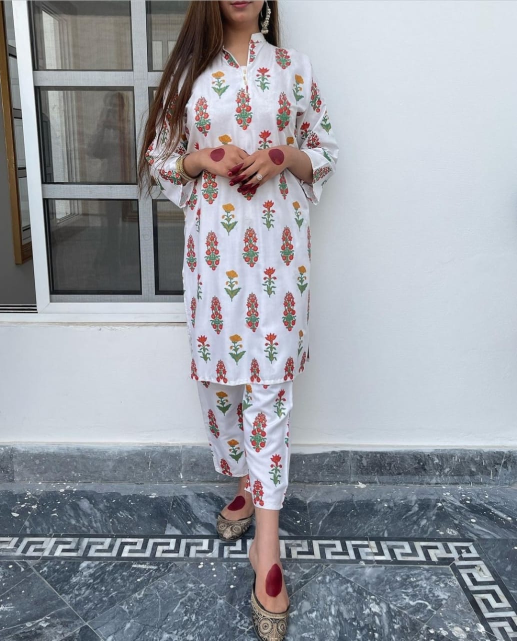 3D Flower Print Stitched Arabic Lawn Suit