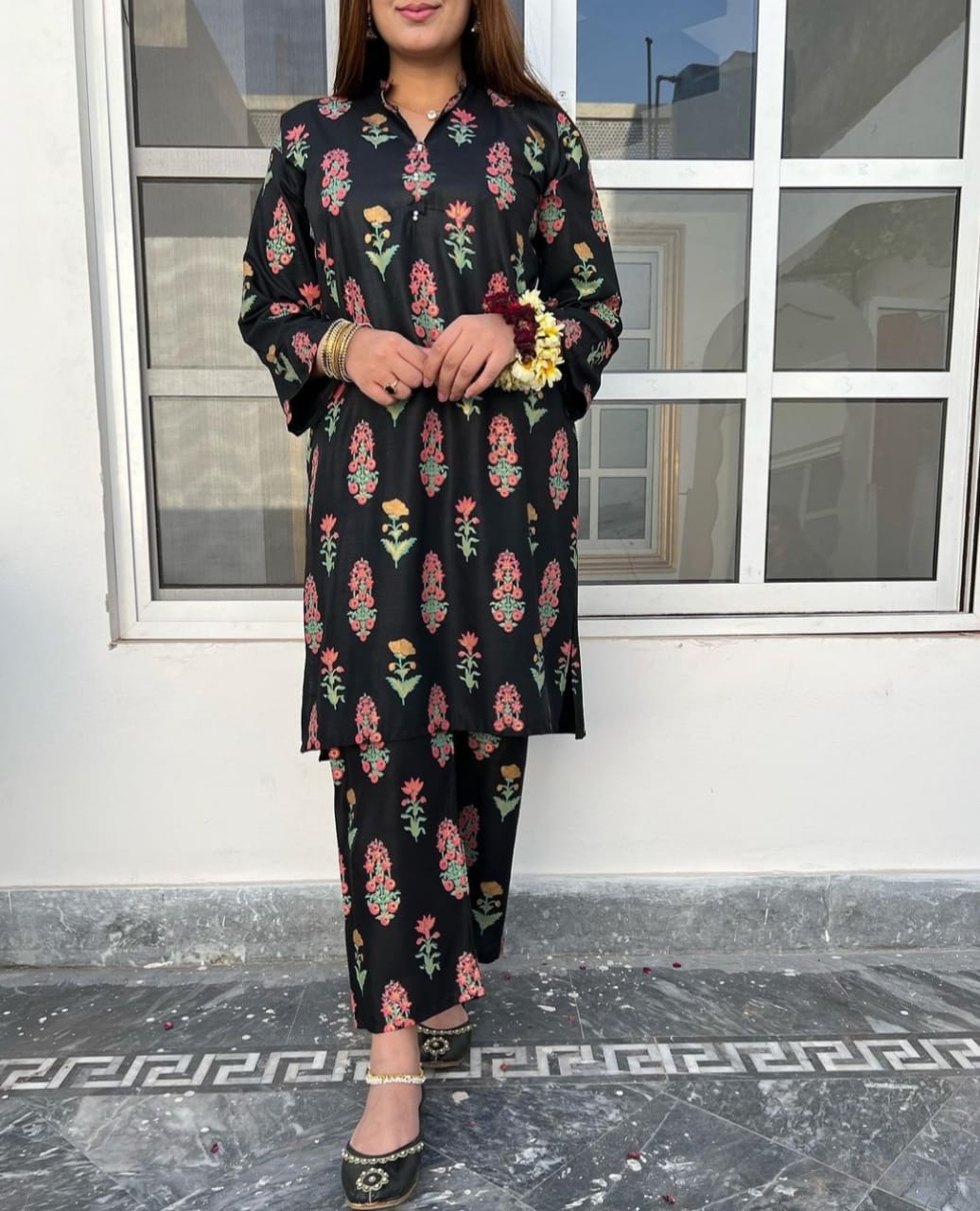 3D Flower Print Stitched Arabic Lawn Suit