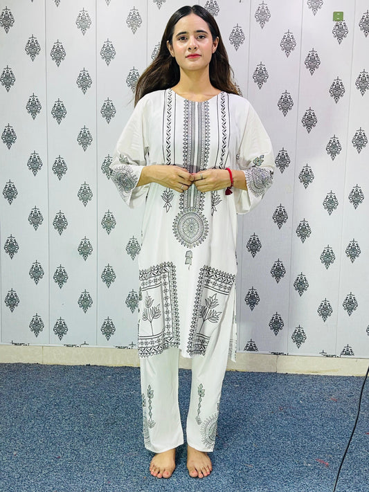 Viral Block Print White 2-Piece Linen Suit
