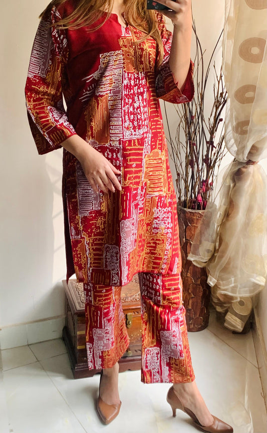 Mountain Design 2Pcs Stitched Arabic Lawn-Mehroon
