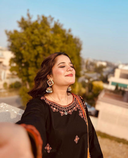 Black with Orange Embroidery Balochi 2Pc Suit