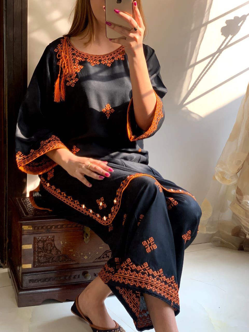 Black with Orange Embroidery Balochi 2Pc Suit