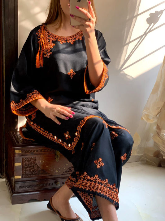 Black with Orange Embroidery Balochi 2Pc Suit