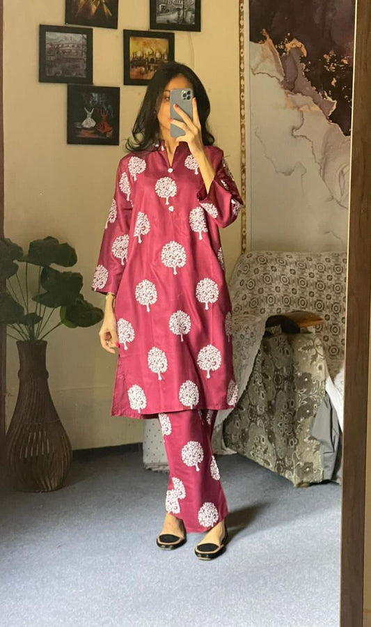 Tree Design Block Print 2Pcs Women’s Stitched Arabic Lawn