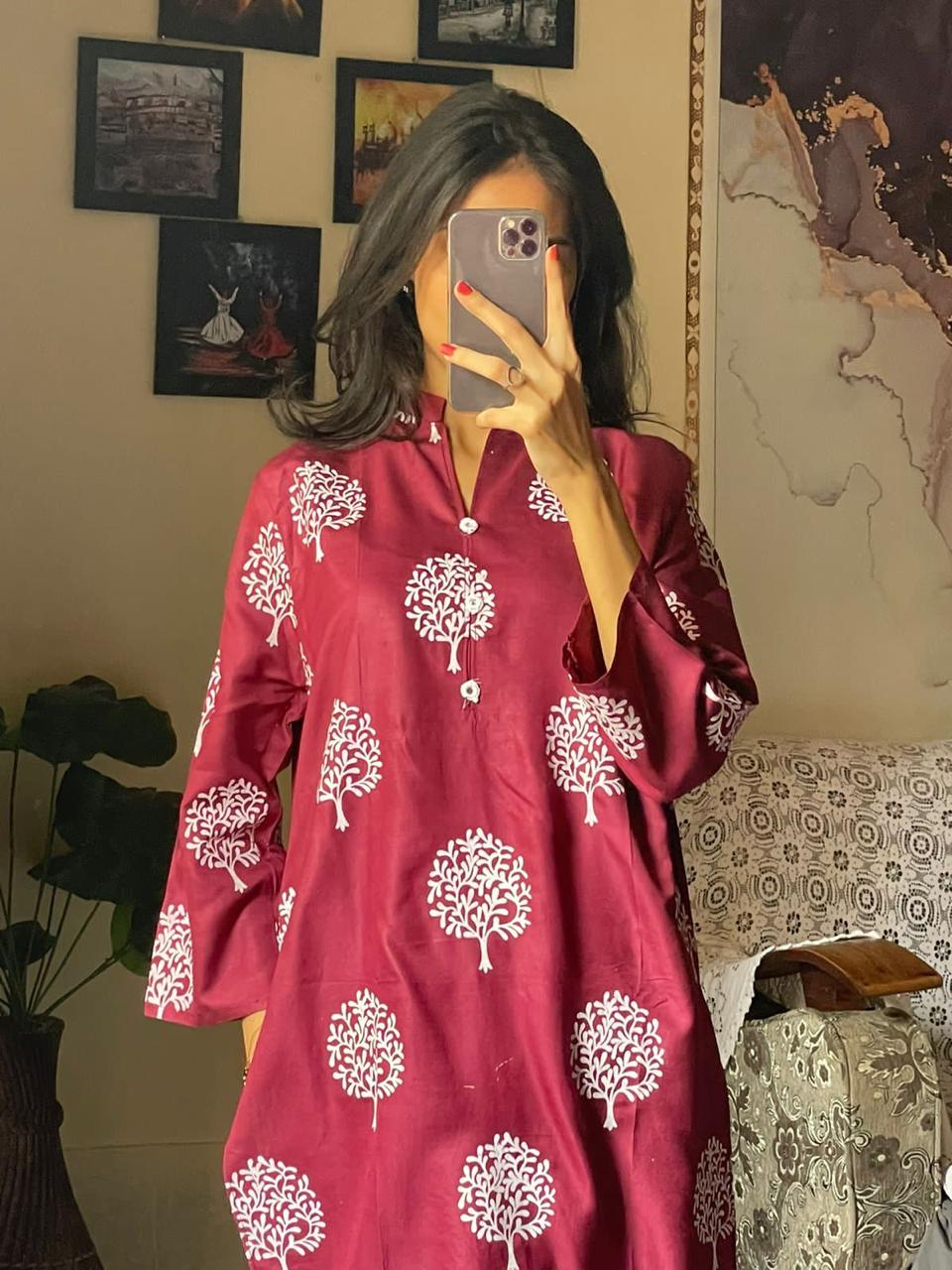 Tree Design Block Print 2Pcs Women’s Stitched Arabic Lawn