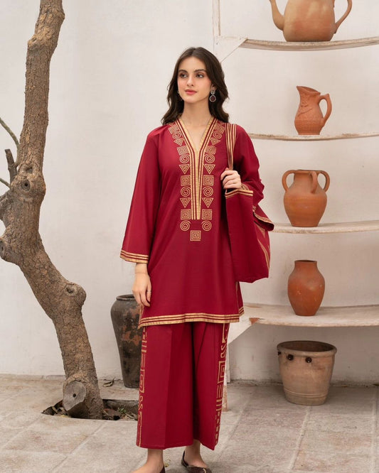 Maroon Pyramid Design 2Pc Stitched