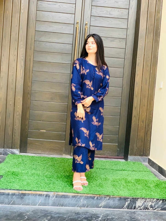 Navy Blue Sparrow Style 2Pc Arabic Lawn