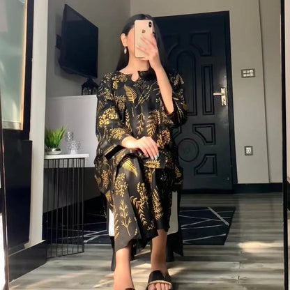 Black Petal Design Lilen 2Pc Print Stitched Suit