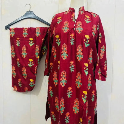 3D Flower Print Stitched Arabic Lawn Suit