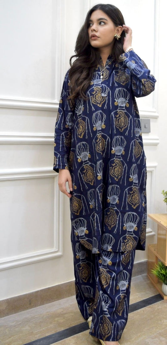 Navy Elahi Long 2Pcs Stitched Arabic Lawn