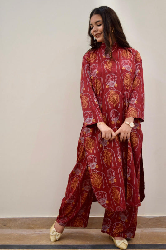 Maroon Elahi Long 2Pcs Women's Stitched Arabic Lawn