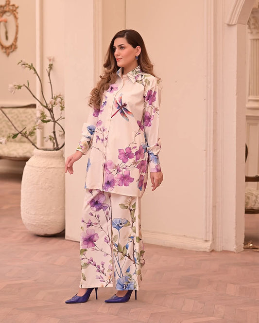 White multi floral 2PC stitched suit with front buttons and collar