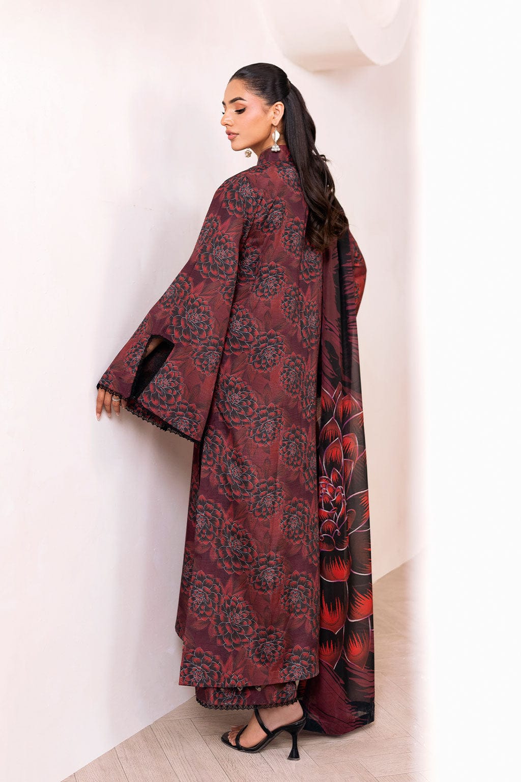 Back design of maroon floral 3PC stitched suit for women