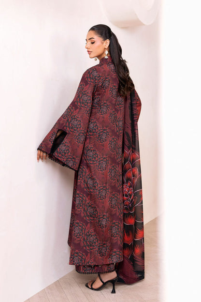 Back design of maroon floral 3PC stitched suit for women