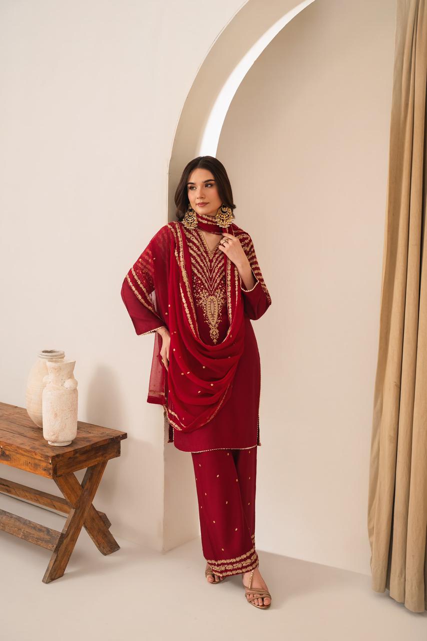 MAROON PEACOCK EMBROIDERED 3PC