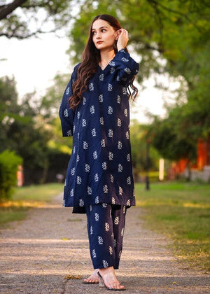 Navy Blue Block Print 2Pc Stitched Arabic Lawn