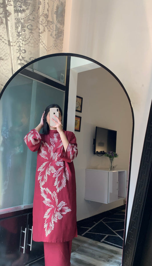 Jazmeen Print Stitched 2Pc Linen Suit – Mehroon