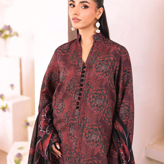 Close-up of neckline and print details – maroon 3PC stitched suit women”
