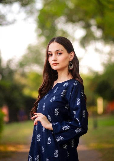 Navy Blue Block Print 2Pc Stitched Arabic Lawn