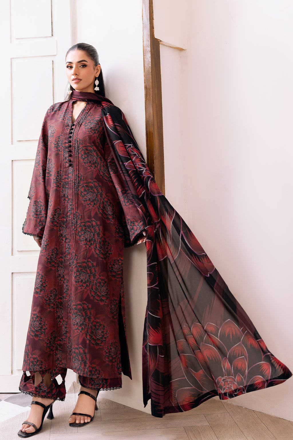 Fabric texture close-up – maroon printed winter pret suit by Elahi Noor