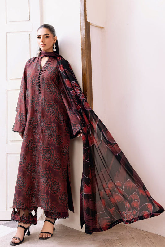 Fabric texture close-up – maroon printed winter pret suit by Elahi Noor