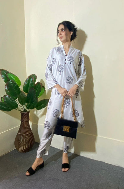 Tree Design Block Print 2Pcs Women’s Stitched Arabic Lawn