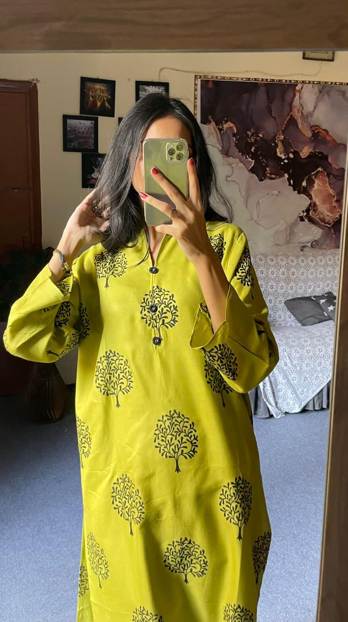 Tree Design Block Print 2Pcs Women’s Stitched Arabic Lawn